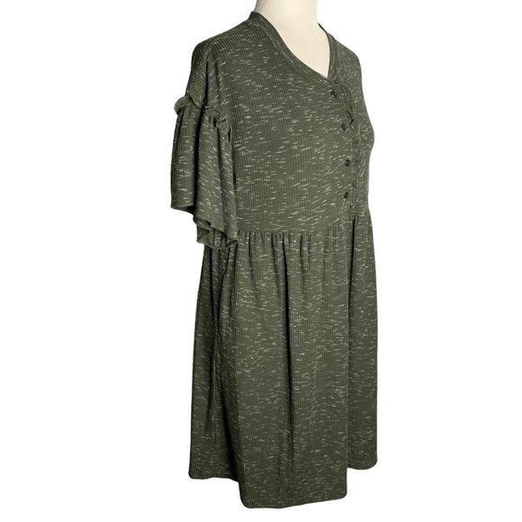 Violet Weekend Ribbed Knit T Shirt Dress S Green Flutter Sleeve Pockets Buttons - Picture 5 of 6